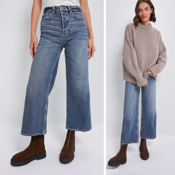 Re/Done Denim - NEW REDONE High Rise Wide Leg Crop Jeans Crafted Indigo Denim Preppy Trendy Blue